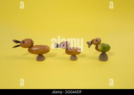 Abstrakte Enten aus Herbstakornen, Naturkunstprojekt für Kinder, DIY Stockfoto