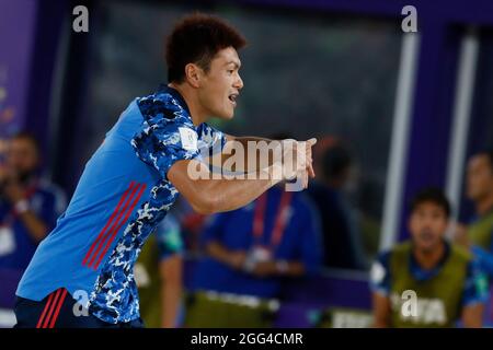 28. August 2021; Luzhniki-Stadion, Moskau, Russland: FIFA World Cup Beach Football-Turnier; Halbfinalspiel Japan gegen Senegal: Der japanische Takuya Akaguma feiert sein Tor während des Spiels zwischen Japan und Senegal Stockfoto