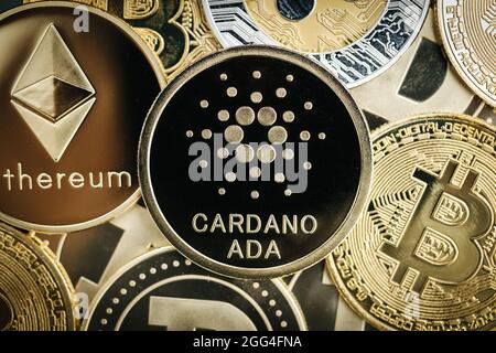 Nahaufnahme der Kryptowährung Cardano Ada, auf der Oberseite anderer Kryptowährungsmünzen Stockfoto