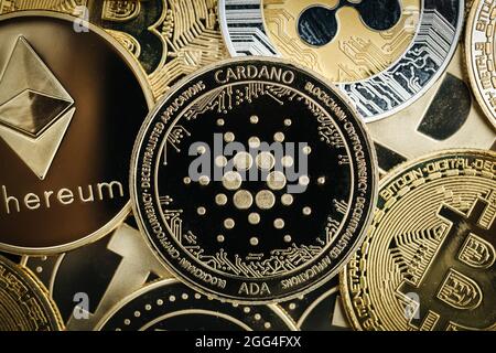 Nahaufnahme der Kryptowährung Cardano Ada, auf der Oberseite anderer Kryptowährungsmünzen Stockfoto
