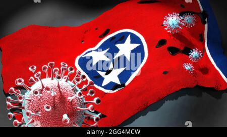 Covid in Tennessee - Coronavirus greift eine Staatsflagge von Tennessee als Symbol für einen Kampf und Kampf mit der Virus-Pandemie in diesem Zustand an, 3D krank Stockfoto