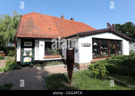 Prerow, Deutschland. August 2021. Eine Darß-Tür auf einem Haus. Die ursprünglichen Darß-Türen wurden zwischen 1790 und 1850 geschaffen, typisch sind geschnitzte Ornamente mit Bezug auf die Seefahrt oder die Natur. Die Türen gehörten zu den repräsentativen Häusern der damaligen Seeleute, die es zu einem gewissen Wohlstand gebracht hatten. Quelle: Bernd Wüstneck/dpa-Zentralbild/ZB/dpa/Alamy Live News Stockfoto