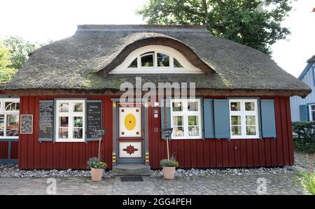 Prerow, Deutschland. August 2021. Eine alte Darsstür an der 'Teeschale'. Die ursprünglichen Darss-Türen wurden zwischen 1790 und 1850 geschaffen, typischerweise geschnitzte Ornamente mit Bezug auf die Seefahrt oder die Natur. Die Türen gehörten zu den repräsentativen Häusern der damaligen Seeleute, die es zu einem gewissen Wohlstand gebracht hatten. Quelle: Bernd Wüstneck/dpa-Zentralbild/ZB/dpa/Alamy Live News Stockfoto