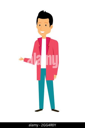 Cartoon-Figur des Mannes stehen und geben Vorschläge. Professioneller Mann im Anzug Vektor. Stock Vektor
