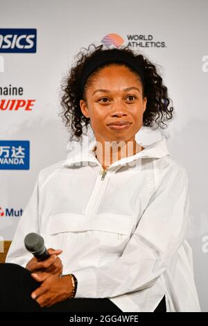 Allyson Felix (400 m Frauen) aus den Vereinigten Staaten von Amerika (USA) nimmt an der Pressekonferenz vor dem Meeting de Paris, IAAF Wanda Diamond League, Meeting de Paris Leichtathletik-Event im Pullman Bercy Hotel, in Paris, Frankreich, am 27. August 2021 Teil - Foto Victor Joly / DPPI Stockfoto