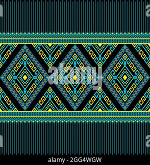 Türkisgelbes ethnisches oder natives Nahtloses Muster auf schwarzem Hintergrund in Symmetry Rhombus Geometrischem böhmischem Stil für Kleidung oder Kleidung, Stickerei Stock Vektor