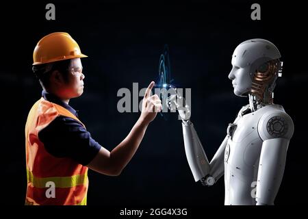 Techniker oder Techniker arbeiten im Werk mit einem 3d-Renderroboter Stockfoto