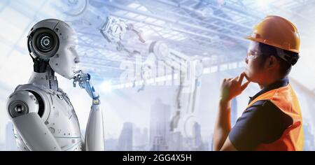 Techniker oder Techniker arbeiten im Werk mit einem 3d-Renderroboter Stockfoto