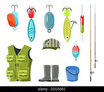Satz von Angelobjekten. Angelruten, Schwimmer und Köder mit Haken. Isoliert auf weißem Hintergrund. Kleidung, Ausrüstung und Schuhe. Vektor Stock Vektor