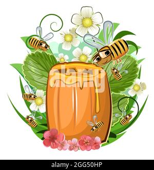 Ein kleines Fass frischen Honigs und fröhliche Arbeiterbienen. In der Blumenwiese. Sammelt den Nektar ein. Cartoon-Stil. Isoliert auf weißem Hintergrund. ve Stock Vektor
