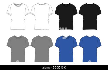 Set Weiß, Schwarz, Grau, Blau Farbe Baumwoll-Jersey Regular Fit Kurzarm-T-Shirt technische Sketch Mode flache Vorlage mit rundem Ausschnitt. Stock Vektor