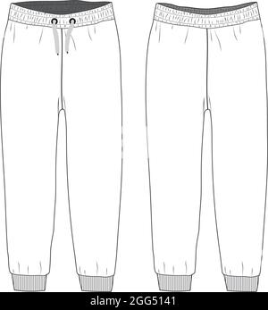 Damen und Kinder Basic Fleece Sweat Hose Mode flache Skizze Vektor Illustration Vorlage Vorder- und Rückansicht. Technische Zeichnung Bekleidungskleid Design. Stock Vektor