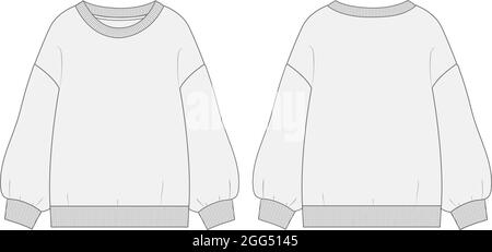 Langärmeliges Baumwoll-Frottee Fleece Sweatshirt technische Mode flache Illustration mit Regular Fit Rundhalsausschnitt. Flat Sketch Pullover Bekleidung Vektor. Stock Vektor