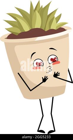 Niedliche Charakter Indoor-Pflanze in einem Topf verliebt sich in Augen Herzen, küssen Gesicht, Arme und Beine. Pflanzgefäß mit Sukkulent für die Inneneinrichtung mit lustigen oder lächelnden Emotionen Stock Vektor