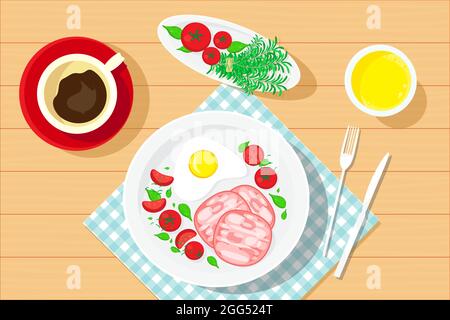 Frühstück mit Kaffee, Orangensaft, Spiegelei, Wurstwurst und Salat Basilikum, Tomaten. Vektorgrafik. Stock Vektor