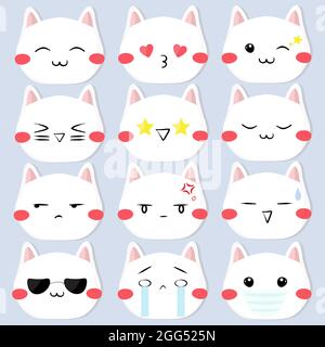 Niedliche Gesichter Katze Emojis Reaktion Aufkleber Set Vektor Illustration Stock Vektor