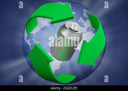 3D Abbildung. Ökologie. Recycling-Symbol dreht sich um eine MetallDose. Stockfoto