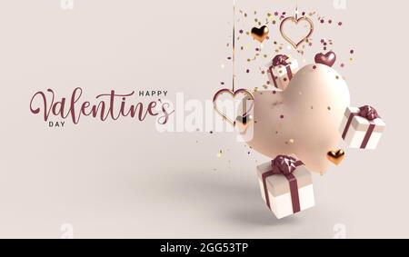 Valentinstag. Hintergrund mit realistischer festlicher Geschenkbox. Romantisches Geschenk. 3d-Rendering Stockfoto