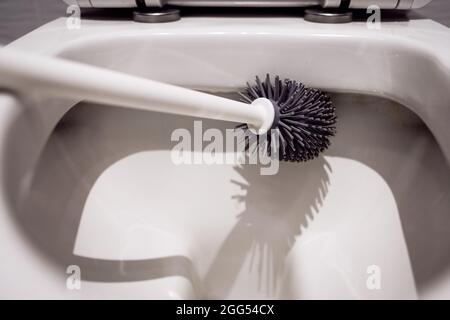 Reinigung der Toilette im Badezimmer mit einer Toilettenbürste und antibakteriellem Reinigungsmittel, Nahaufnahme der Toilettenschüssel Stockfoto