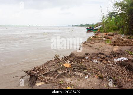 Munshiganj, Bangladesch. August 2021. Ein Blick auf ein Ufer des Flusses Padma in Tongibari, Munshiganj Bezirk am Rande von Dhaka.heftige Erosionen haben nach dem Monsun in die Ufer des Flusses Padma gefressen und bedrohten große Teile in Munshiganj, Tongibari Upazila, Bangladesch. (Foto von Nayan Kar/SOPA Images/Sipa USA) Quelle: SIPA USA/Alamy Live News Stockfoto