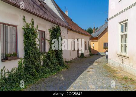 Schmale Gasse in einer kleinen tschechischen Stadt mit Kopfsteinpflaster und typischen südböhmischen Häusern und Dachdecken Stockfoto