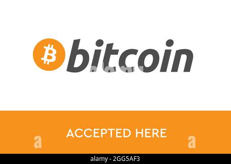 Bitcoin wird hier akzeptiert. Bitcoin BTC Logo Akzeptieren Sie die Zahlung per Krypto-Währung. Virtuelle Geldkryptowährung. Konzept für digitales Geld. Aufkleber Stockfoto