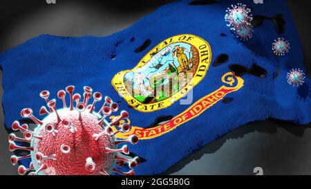 Covid in Idaho - Coronavirus greift eine Staatsflagge von Idaho als Symbol für einen Kampf und Kampf gegen die Viruspandemie in diesem Staat an, 3d-Illustration Stockfoto