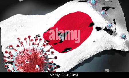 Covid in Japan - Coronavirus greift eine nationale Flagge Japans als Symbol für einen Kampf und Kampf gegen die Viruspandemie in diesem Land an, 3D-Illust Stockfoto