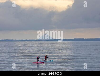 Portobello, Edinburgh, Schottland, UK Wetter. August 2021. Trüb und bewölkt am Meer, Temperatur 15 Grad Celsius für diejenigen, die trainieren. Im Bild: Zwei Paddlebarder paddeln auf dem Firth of Forth. Quelle: Arch White/Alamy Live News Stockfoto