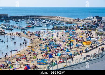 Lyme Regis, Dorset, Großbritannien. August 2021. Wetter in Großbritannien: Urlauber und Familien strömen an den beliebten Strand am Badeort Lyme Regis, um am Feiertagswochenende die glühend heiße Sonne und den klaren blauen Himmel zu genießen. Angesichts des herrlichen Sonnenwetters, das bis zum Montag an den Bankfeiertagen andauern wird, werden die Strände und Resorts an der Südküste voraussichtlich noch stärker überfüllt sein als sonst, da in diesem Sommer mehr Menschen in Großbritannien Urlaub machen. Der Kredit: Celia McMahon/Alamy Live Nachrichten Stockfoto