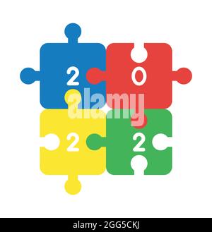 Neues Jahr 2022 Vektorkonzept, vernetzte Puzzleteile, Erfolg- und Teamwork-Konzept für 2022. Flacher Style. Stock Vektor