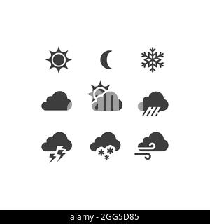 Schwarzes Vektorsymbol für Wettervorhersage eingestellt. Stürmisch, sonnig, Regen, Schnee-Ikonen. Sonne und Wolken, heiße und kalte Symbole. Stock Vektor