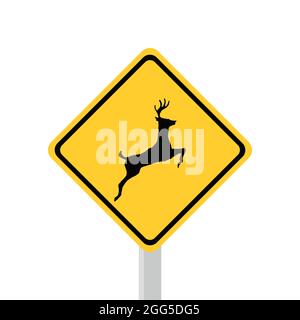 Verkehrsschilder, viele Tiere, die vorbeikommen. Die Verkehrsschilder sind orange. Seien Sie vorsichtig, die Tiere vorbei. Silhouette eines Rehe Sicherheitsschild Stock Vektor