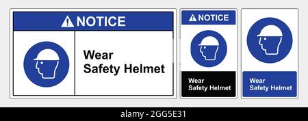 Sicherheitsschild Schutzhelm tragen. Standard ansi und osha. Schablonenschild Hinweis Verwenden Sie Sicherheitsschuhe. Persönliche Schutzausrüstung Stock Vektor