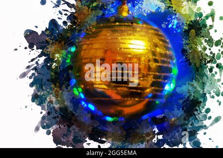 Goldene Weihnachtsbaumkugel auf einem bunten Hintergrund. Glänzende Dekoration für den Urlaub. Digitale Aquarellmalerei Stockfoto