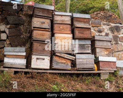 Eine Nahaufnahme von alten Bienenstöcken stapelte sich aufeinander Stockfoto