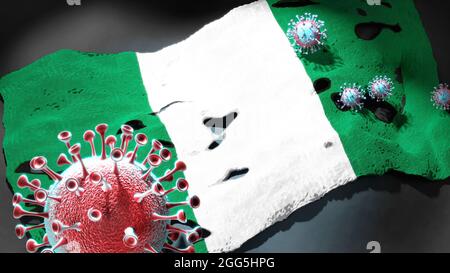 Covid in Nigeria - Coronavirus greift eine Nationalflagge von Nigeria als Symbol für einen Kampf und Kampf mit der Virus-Pandemie in diesem Land an, 3D il Stockfoto