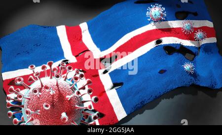 Covid in Island - Coronavirus greift eine Nationalflagge Islands als Symbol für einen Kampf und Kampf gegen die Viruspandemie in diesem Land an, 3D il Stockfoto