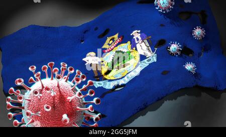 Covid in Maine - Coronavirus greift eine Staatsflagge von Maine als Symbol für einen Kampf und Kampf mit der Virus-Pandemie in diesem Zustand an, 3d-Illustration Stockfoto