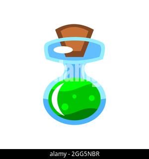 Grüner Trank in Glasflasche mit Kork. Chemiekolben. Flasche mit Cartoon-Trank. Fläschchen mit Zaubertrank isoliert auf weißem Hintergrund. Gift im Glas. Vektor Stock Vektor