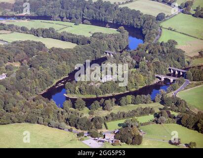 Luftaufnahme des Crook of Lune - eine Landzunge am Fluss Lune bei Caton bei Lancaster, Lancashire Stockfoto