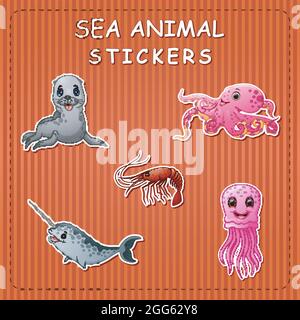 Niedliche Cartoon Meerestiere auf Aufkleber Stock Vektor