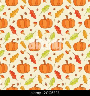 Herbst Kürbis und Pilz und Eichel halb Tropfen wiederholen nahtlose Muster Hintergrund Stock Vektor