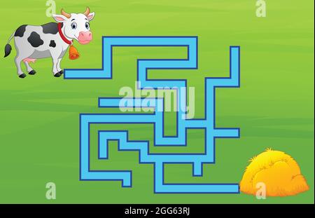 Spiel Kuh Labyrinth finden Weg zum Heuhaufen Stock Vektor