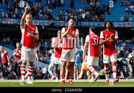 Manchester, England, 28. August 2021. Arsenal-Spieler reagieren nach dem Premier League-Spiel im Etihad Stadium in Manchester. Bildnachweis sollte lauten: Darren Staples / Sportimage Stockfoto