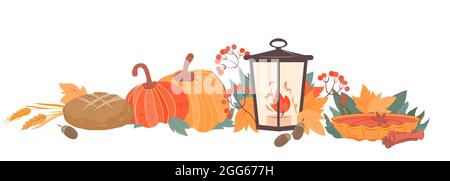 Herbsternte im Garten mit Kürbissen und brennender Laterne vor dem Hintergrund gelber Blätter. Hintergrund für Herbstferien und Märkte, flacher Vektor Stock Vektor