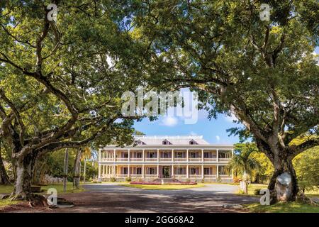 Château de Labordonnais, Kolonialhaus aus dem 19. Jahrhundert, Mapou, Bezirk Rivière du Rempart, Mauritius, Mascarene-Inseln. Das Schloss von unten gesehen Stockfoto