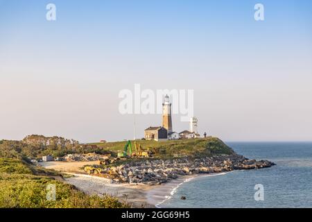 Montauk Leuchtturm Restaurierung und schwere Ausrüstung mit dem Projekt beteiligt Stockfoto