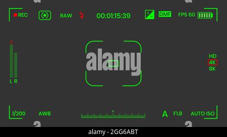 Kamera-Sucher Nachtsichtgerät, Video- oder Fotorahmen-Recorder, Vektorgrafik im flachen Design. Digitalkamera-Sucher mit Belichtungseinstellungen a Stock Vektor