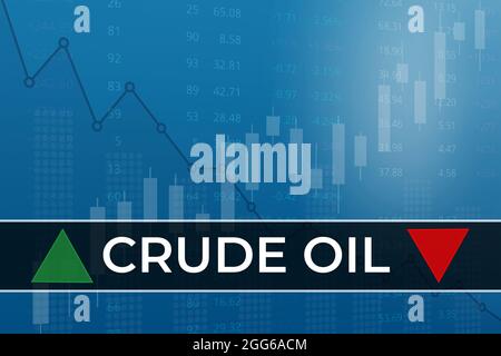 Preisänderung bei Rohöl-Futures in der Welt auf blauem Finanzhintergrund aus Spalten, Grafiken, Charts, Säulen, Kerze, Pfeil. Trend nach oben und unten, flach. 3 Stockfoto